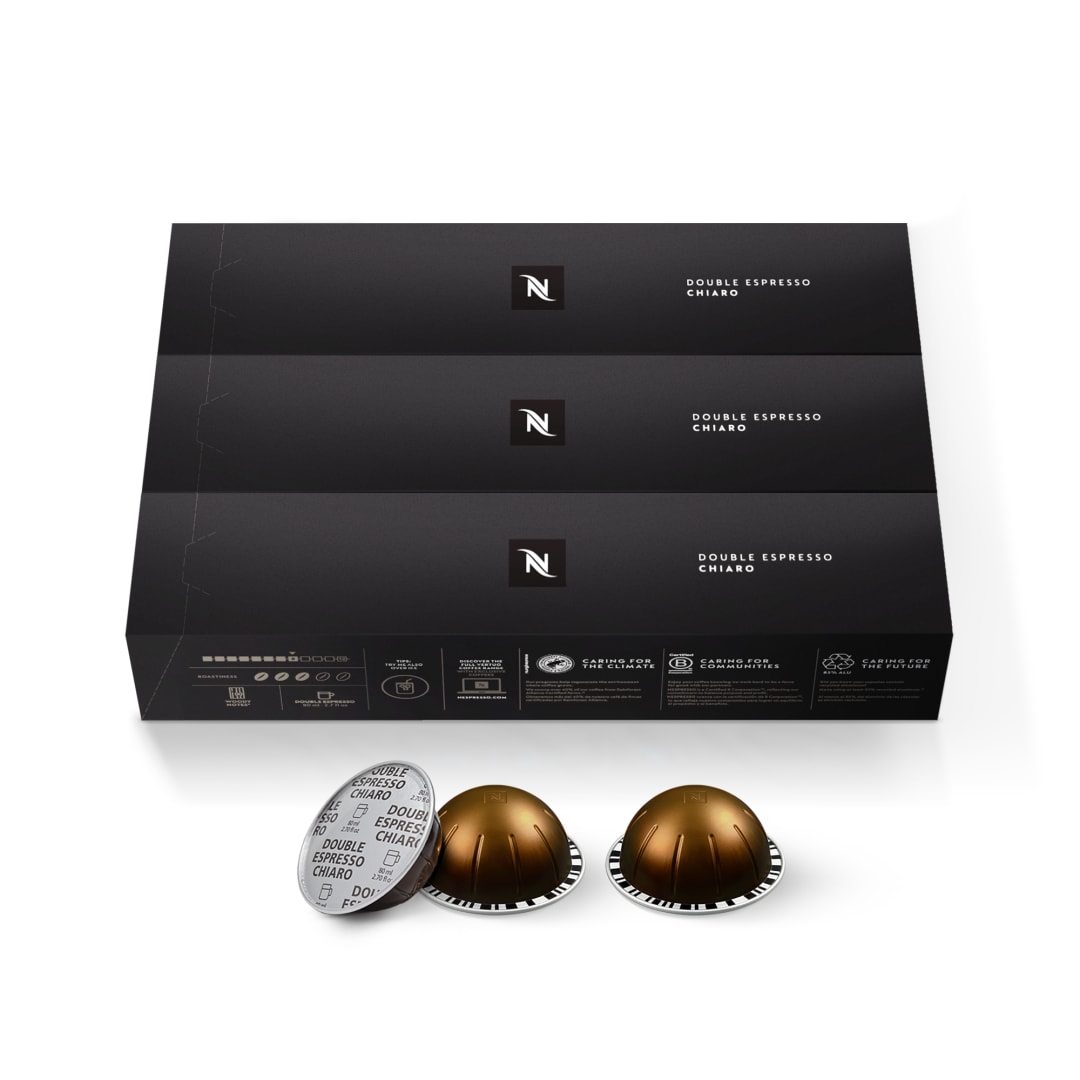 Nespresso Capsules Vertuo, Double Espresso Chiaro, Medium Roast Espresso Coffee, 30-Count Coffee Pods