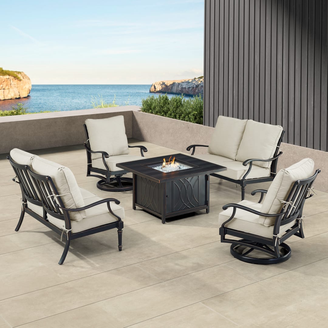 Black Aluminum Patio Fire Table Set with Two Deep Seating Loveseat with Cushions and Two Club Chairs