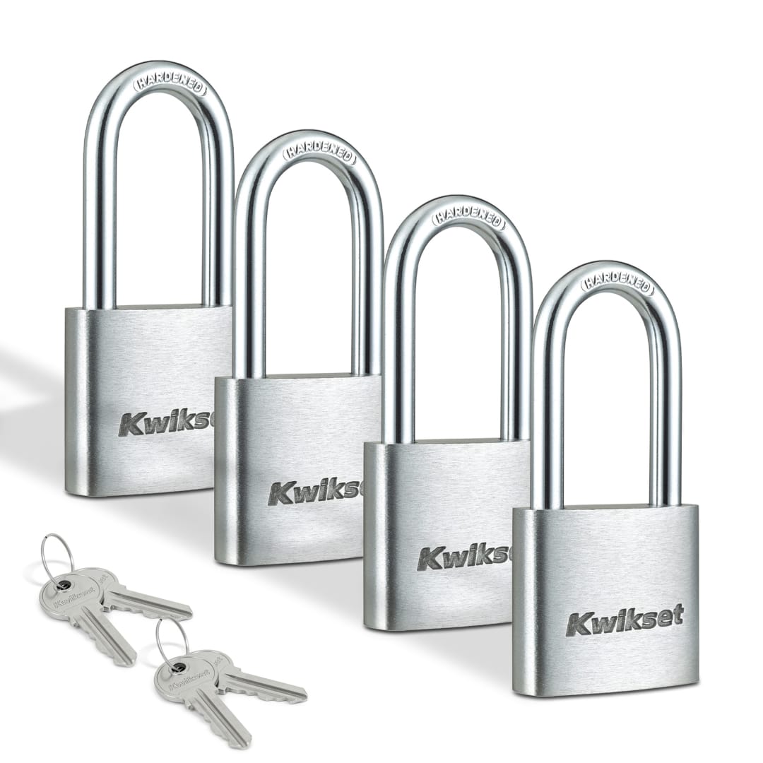 Kwikset Aluminum Padlock with Hardened Steel Shackle, 1-1/2 in Body, 1-1/2 in Shackle, 4 Pack