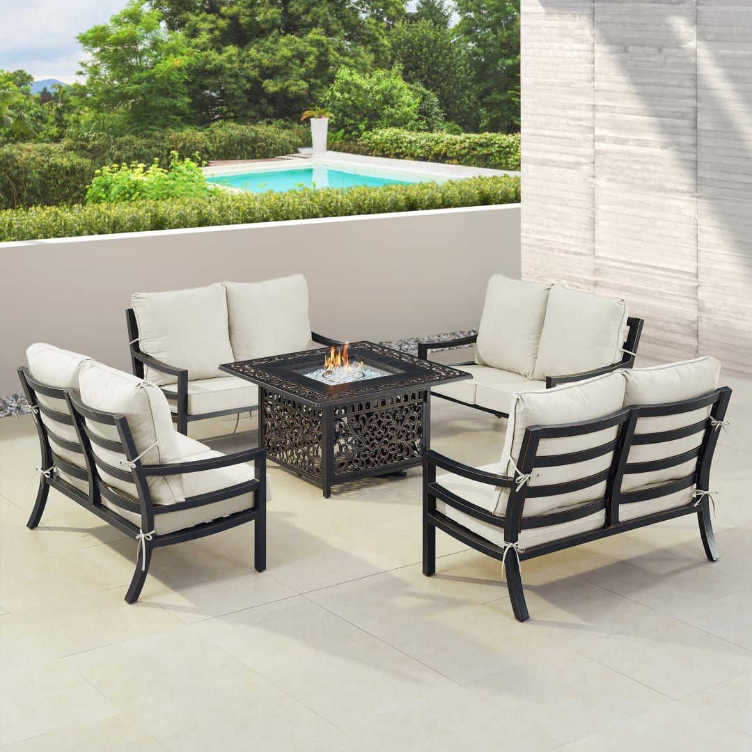 Black Aluminum Patio Fire Table Set with Four Deep Seating Loveseat with Cushions