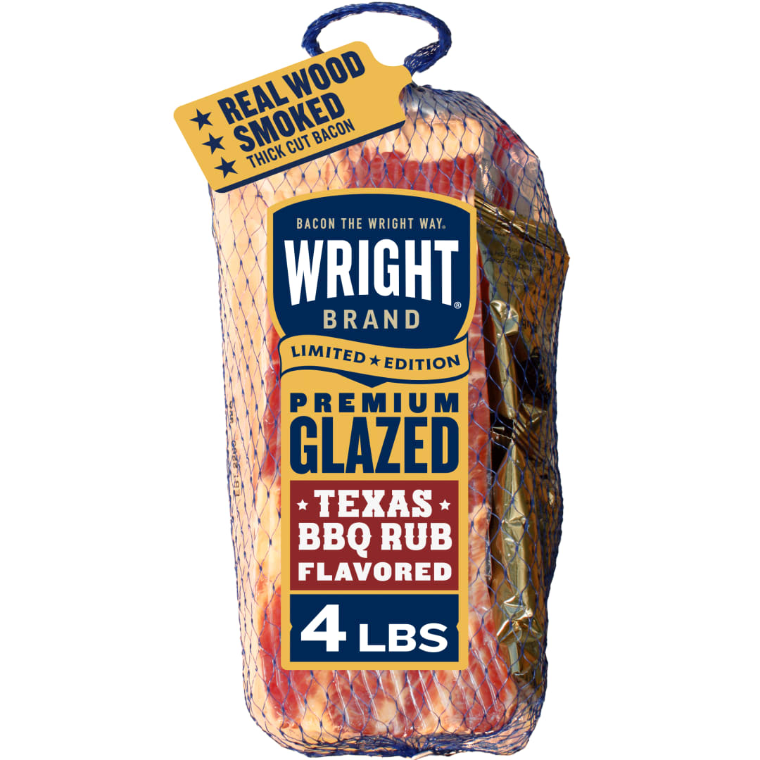 Wright Brand Premium Glazed Texas BBQ Rub Flavored Thick Cut Bacon, 64 oz Pack