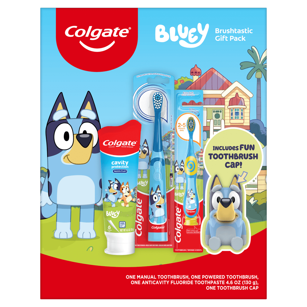 Colgate Kids Toothbrush Set with Toothpaste, Bluey Gift Set, 1 manual toothbrush, one powered tootbrush and one Toothpaste