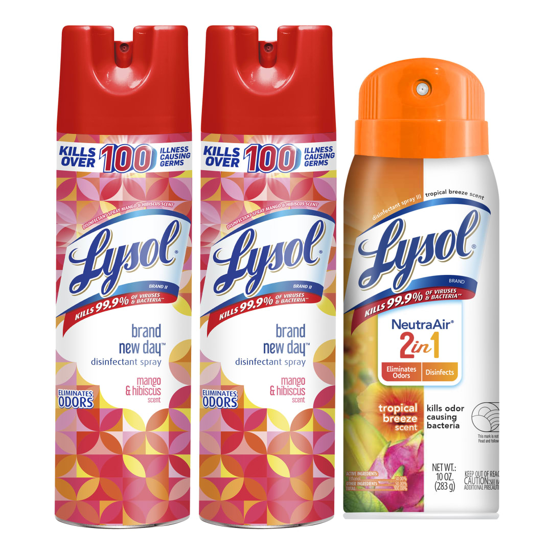 LYSOL® Disinfectant Spray - 2 Brand New Day™ Mango & Hibiscus + Disinfectant Spray - NeutraAir™- 1 Tropical Breeze - 4/(2x19)+(1x10) oz.