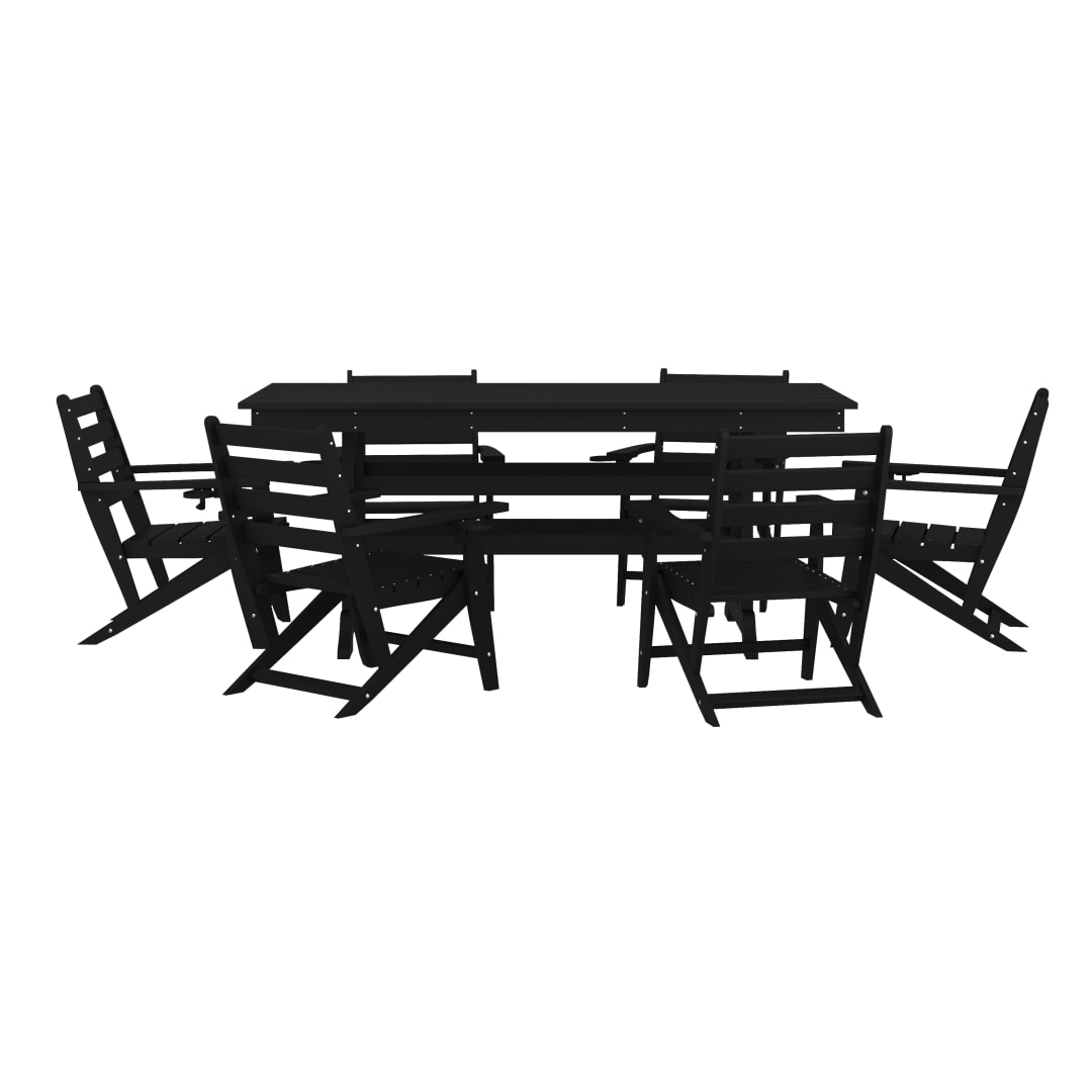 Tolleson Commercial 7 Piece Adirondack Dining Set with 72" Rectangle Indoor/Outdoor Recycled HDPE Table and 6 Chairs with Cupholders in Black