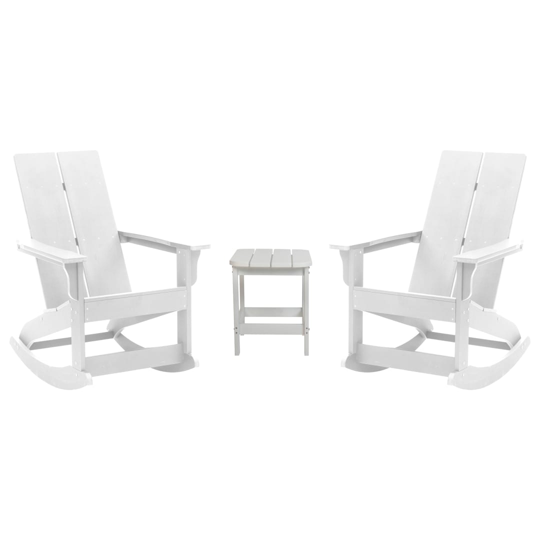 Set of 2 White Finn Modern Commercial Grade All-Weather 2-Slat Poly Resin Rocking Adirondack Chairs with Matching Side Table