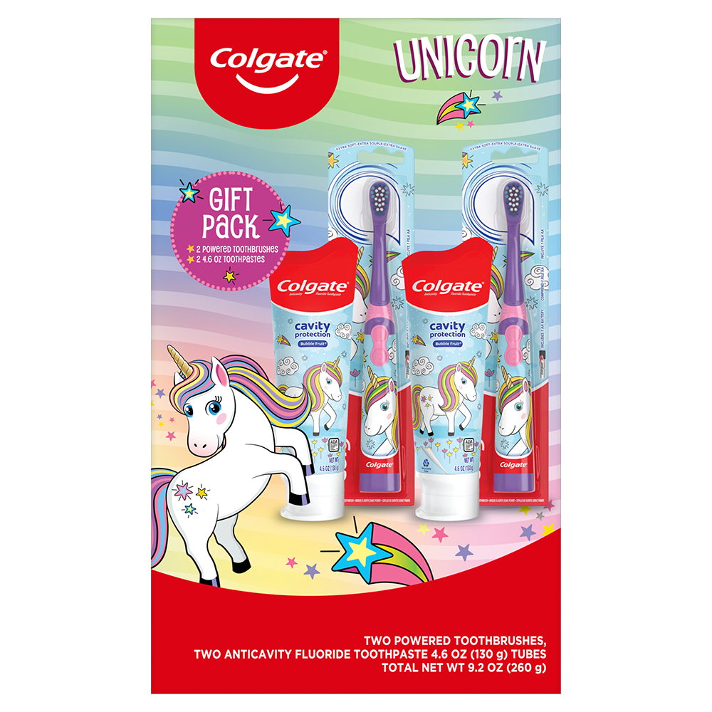 Colgate Kids Toothbrush Set with Toothpaste, Unicorn Gift Set, 2 Battery Toothbrushes and 2 Toothpastes