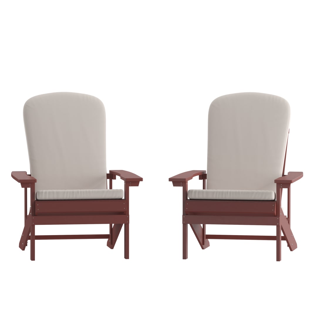 Charlestown Set of 2 All-Weather Poly Resin Wood Adirondack Chairs in Red with Cream Cushions for Deck, Porch, and Patio