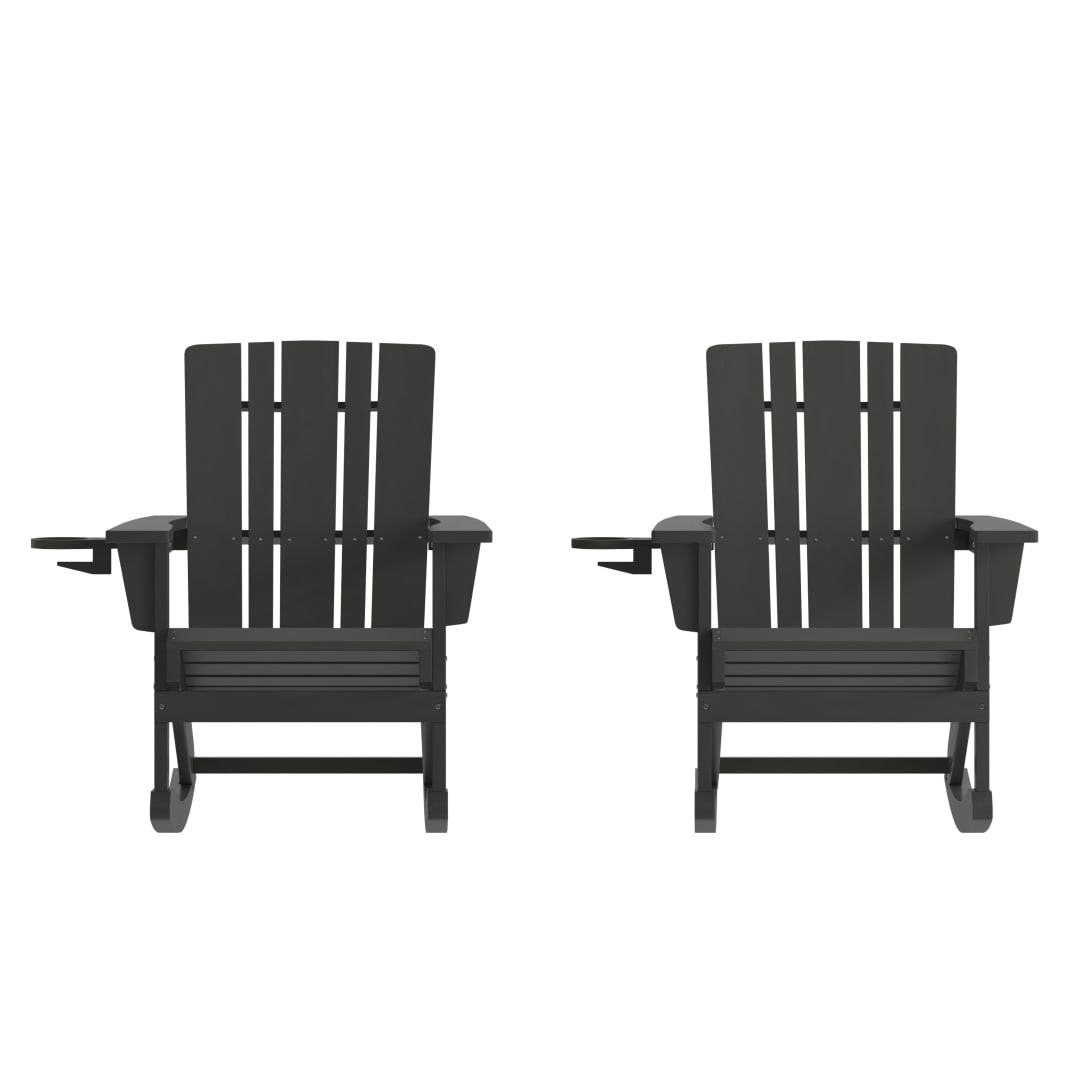 Halifax Adirondack Rocking Chair with Cup Holder, Weather Resistant HDPE Adirondack Rocking Chair in Black, Set of 2