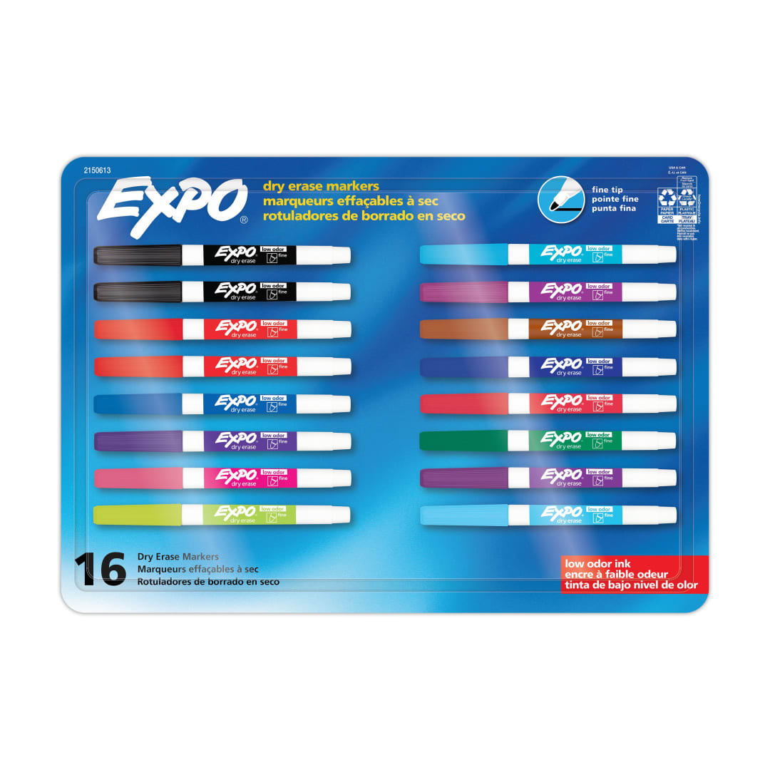 EXPO® Dry Erase Markers, Whiteboard Markers with Low Odor Ink, Fine Tip, Assorted Vibrant Colors, 16 Count