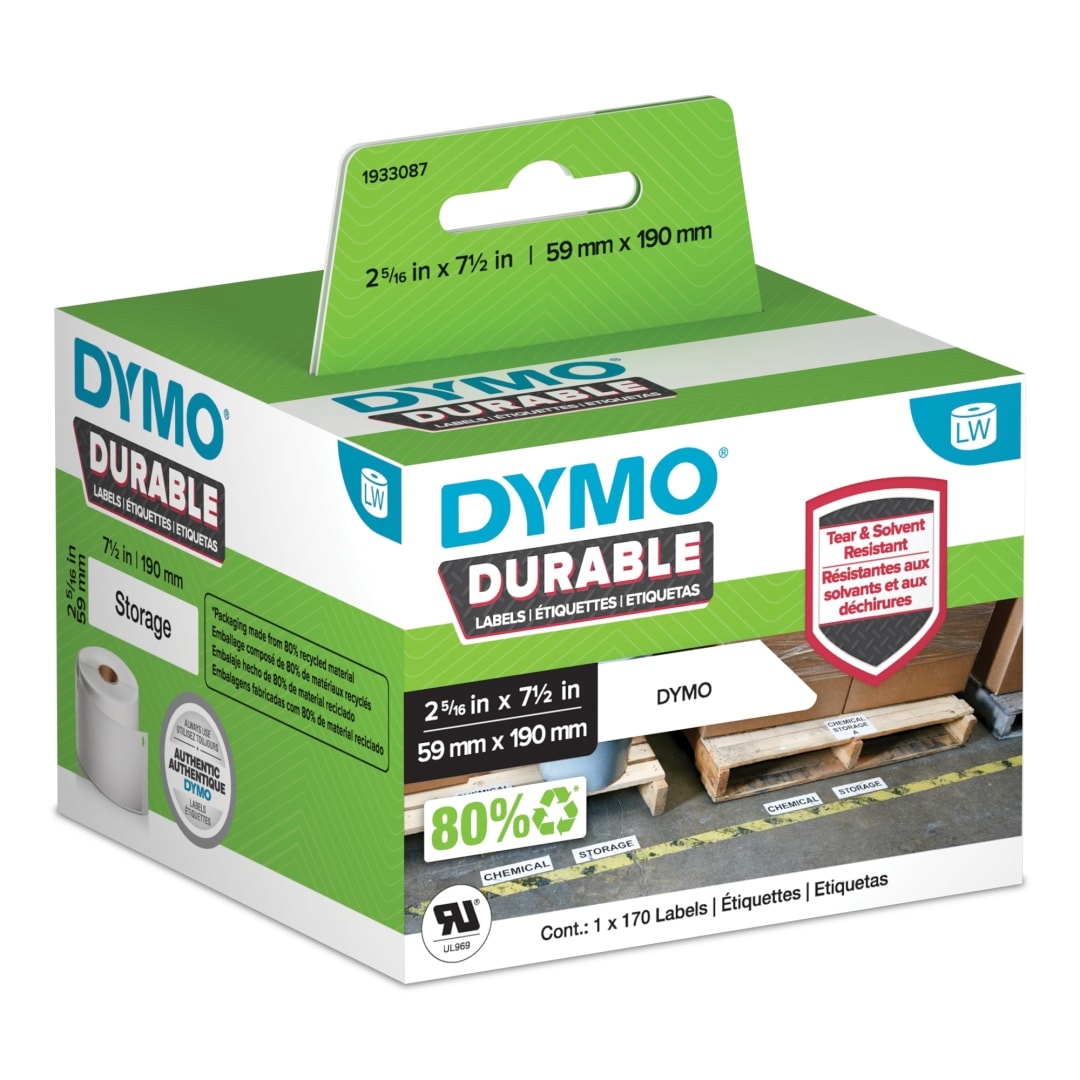 DYMO® LW Durable Industrial Labels for LabelWriter™ Label Printers, White Poly, 2-5/16” x 7-1/2”, 1 Roll of 170