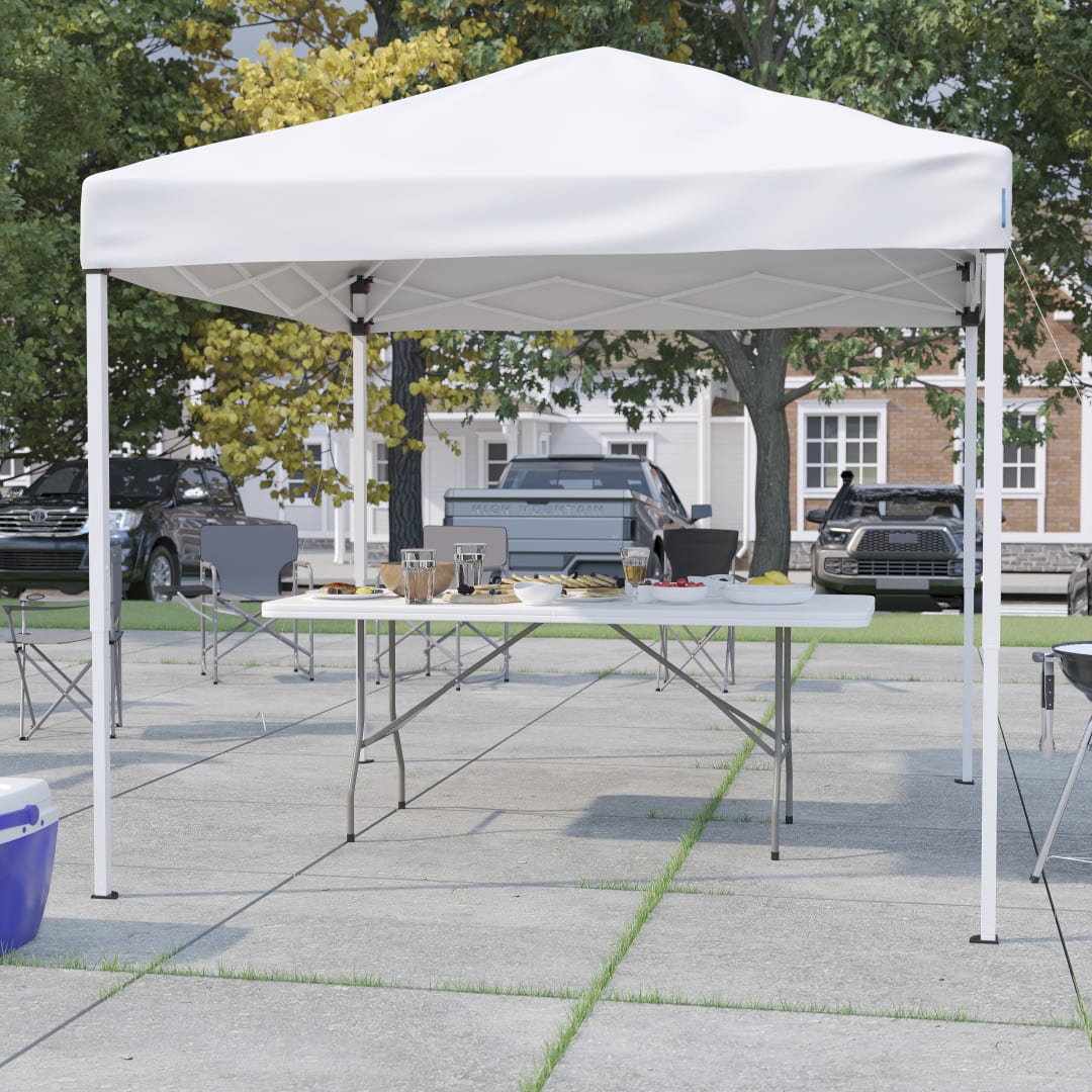 Otis 8'x8' White Pop Up Event Canopy Tent with Carry Bag and 6-Foot Bi-Fold Folding Table with Carrying Handle - Tailgate Tent Set