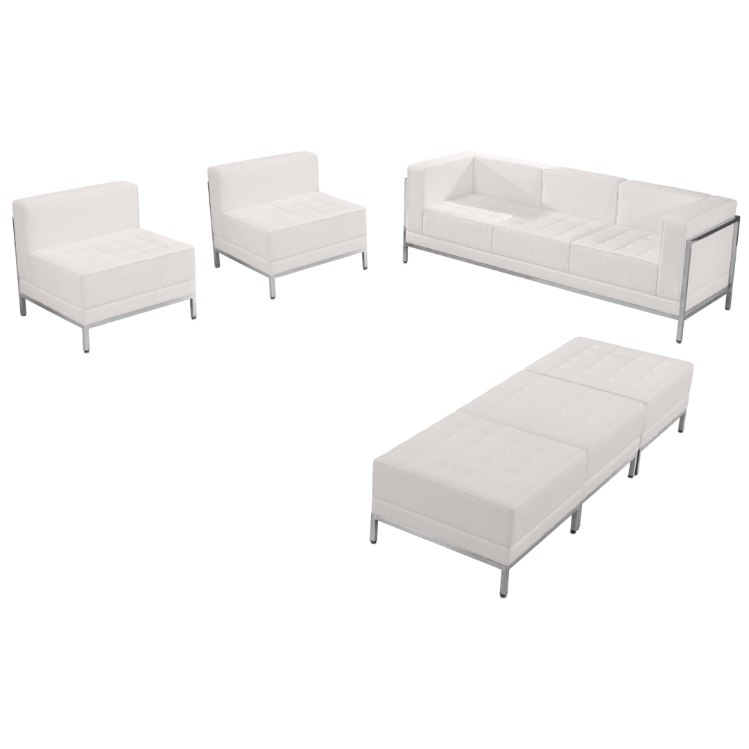 HERCULES Imagination Series Melrose White LeatherSoft Sofa, Chair &amp; Ottoman Set with Ganging Clips