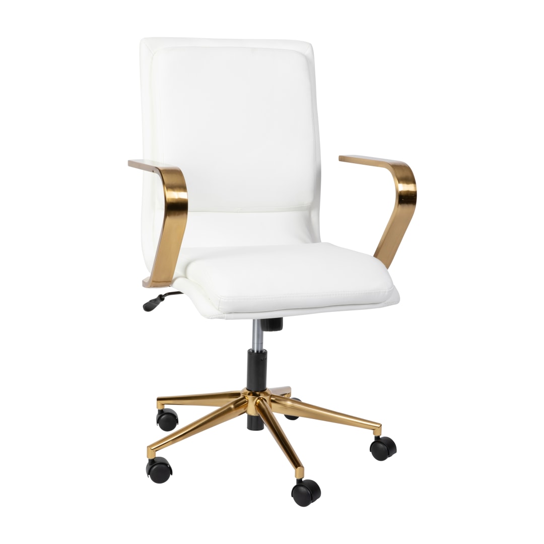 James Mid-Back Designer Executive LeatherSoft Office Chair with Brushed Gold Base and Arms, White