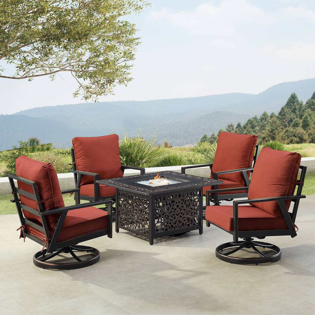 Black Aluminum Patio Fire Table Set with Four Club Chairs