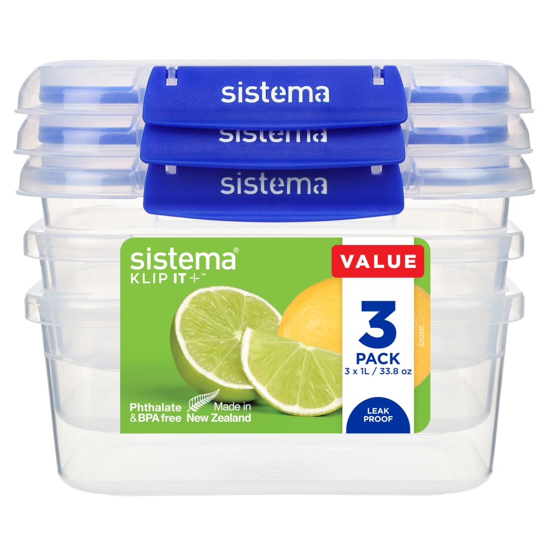 Sistema KLIP IT PLUS recipientes rectangulares para guardar alimentos | 1 l | Fiambreras para alimentos apilablesa prueba de fugas y aptas para el frigorífico/congelador | 3 unidades