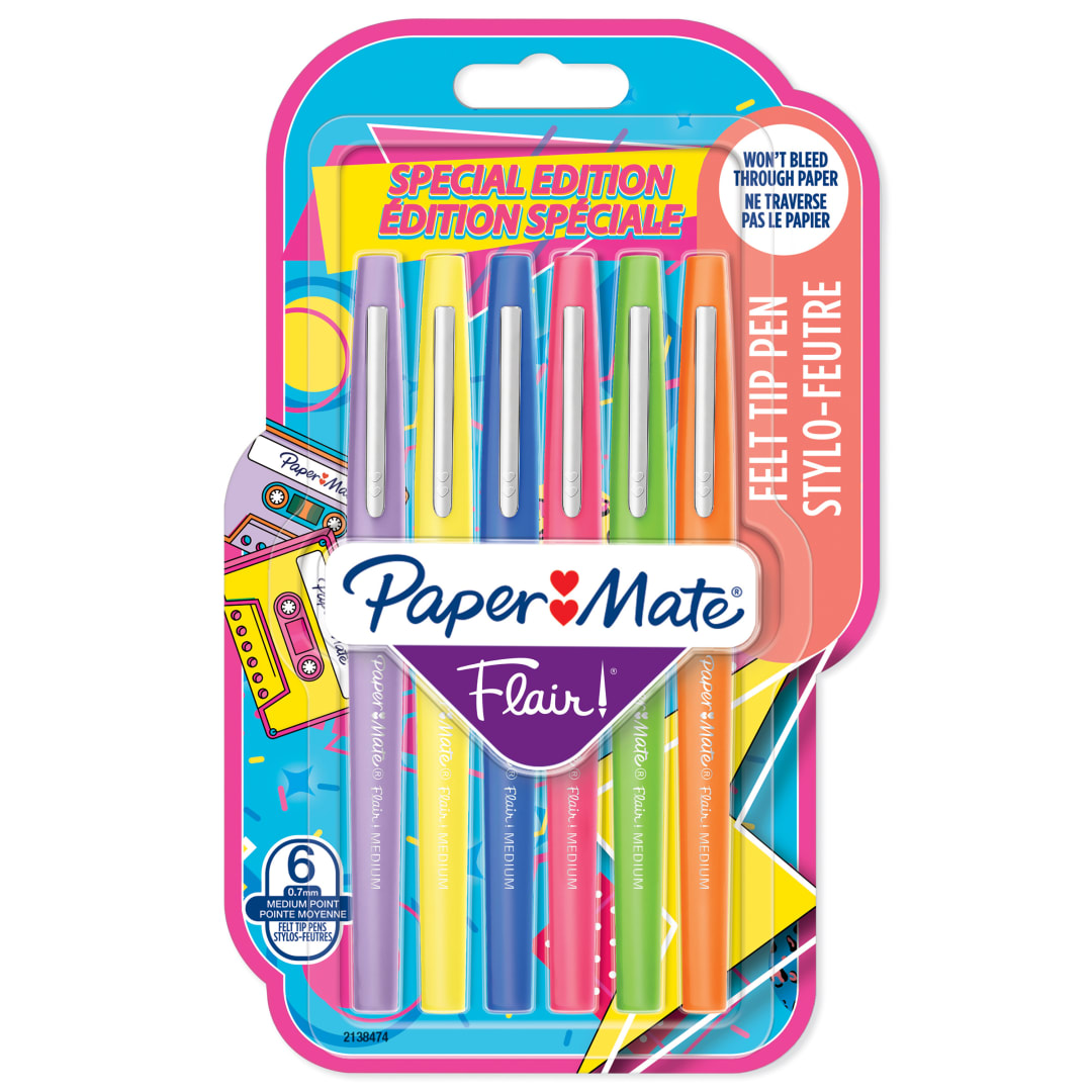 Paper Mate® Flair Felt Tip Pens | Medium Point (0.7mm) | Assorted Retro Colours | 6 Count