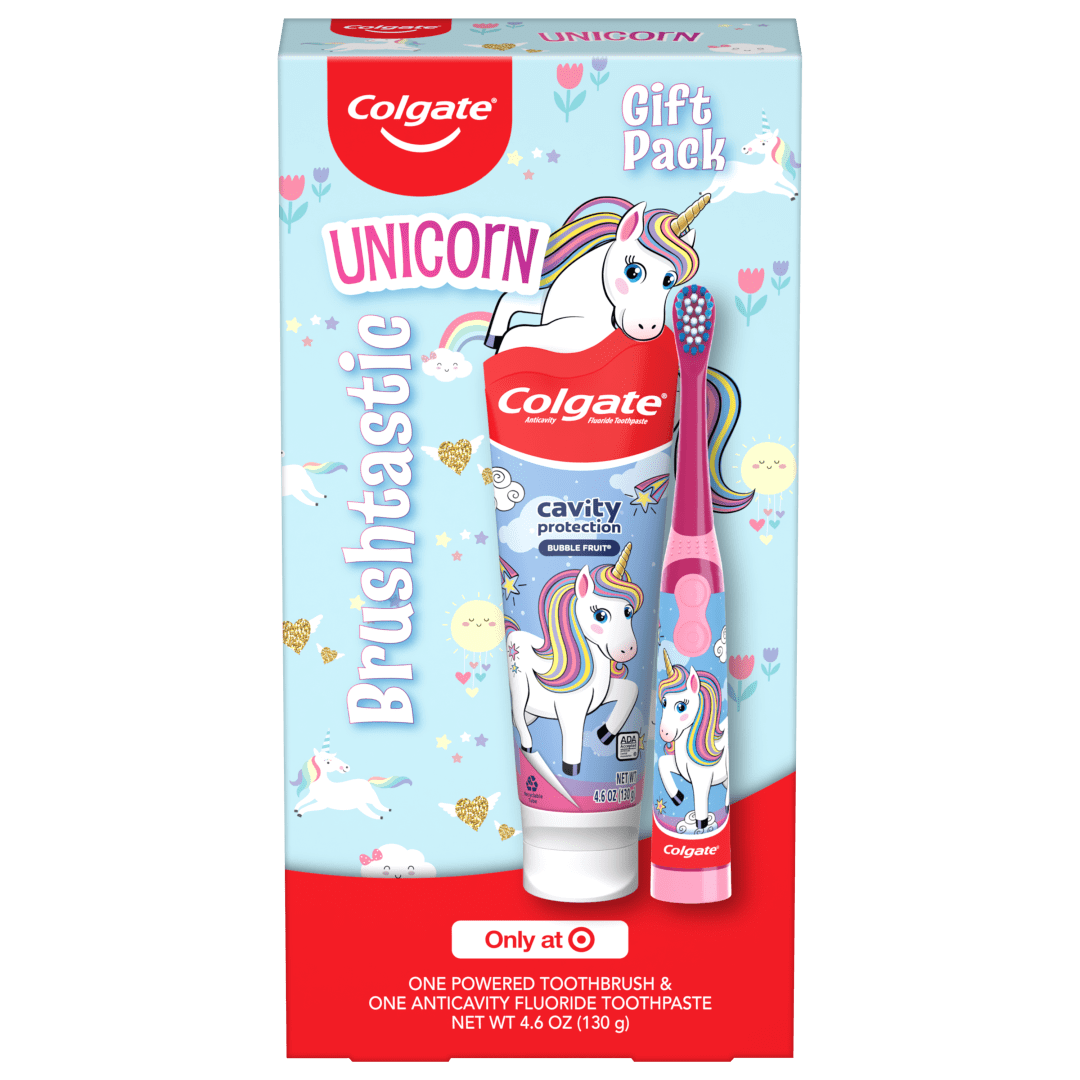 Colgate Kids Unicorn Target Exclusive Gift Set, One Unisex Children Battery Toothbrush, and Bubble Fruit Scent and Flavor Toothpaste