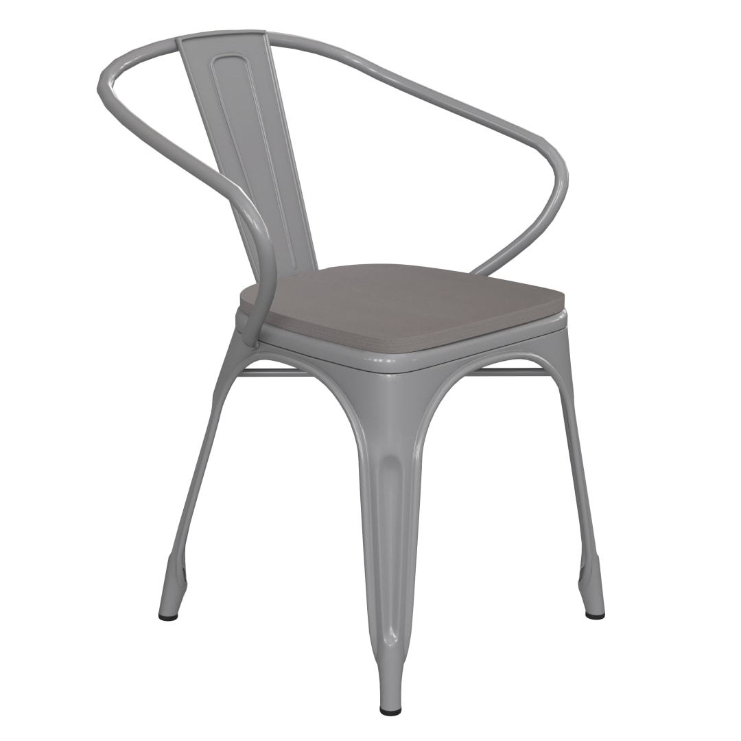 Luna Commercial Grade Silver Metal Indoor-Outdoor Chair with Arms with Gray Poly Resin Wood Seat