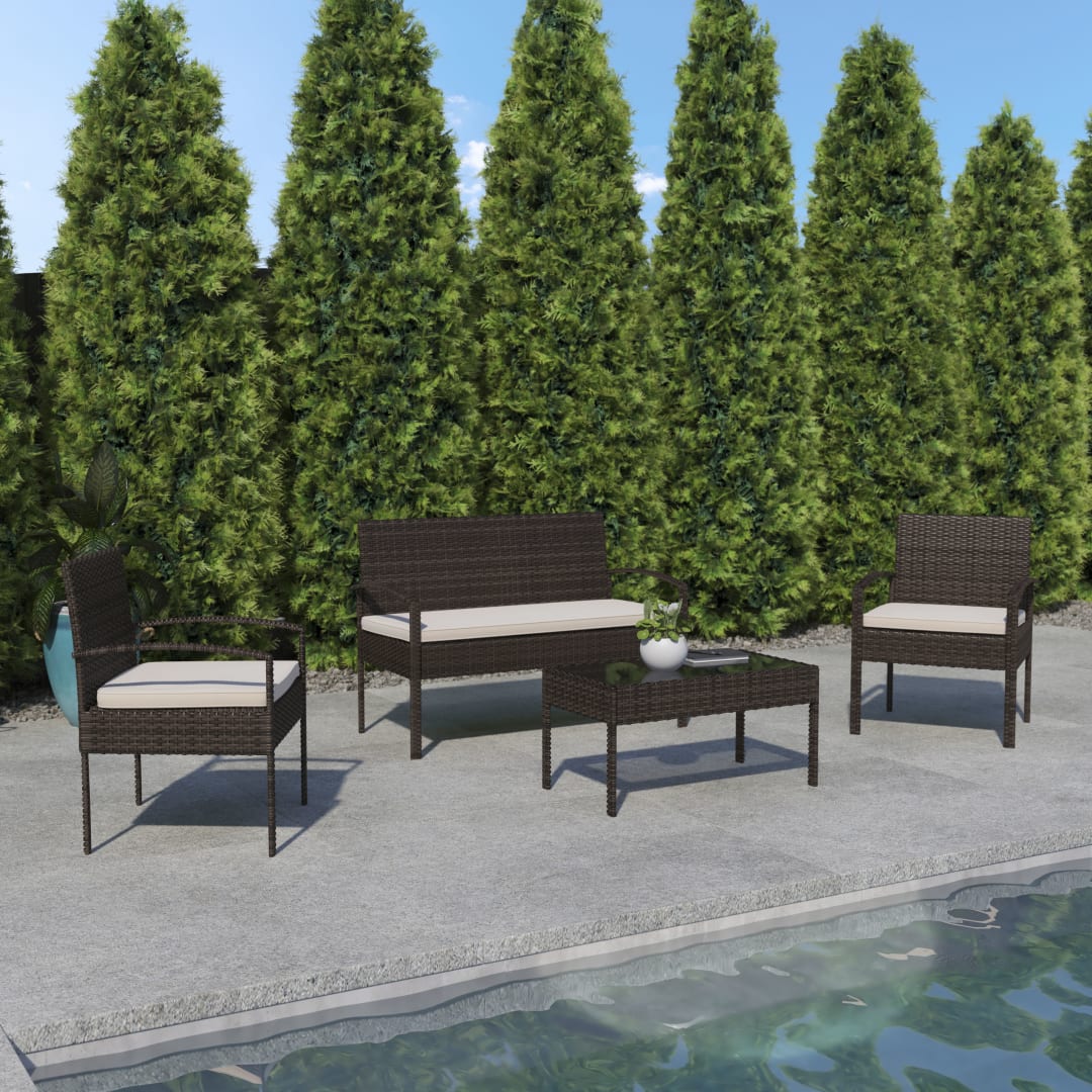 Aransas Series 4 Piece Brown Patio Set with Steel Frame and Beige Cushions