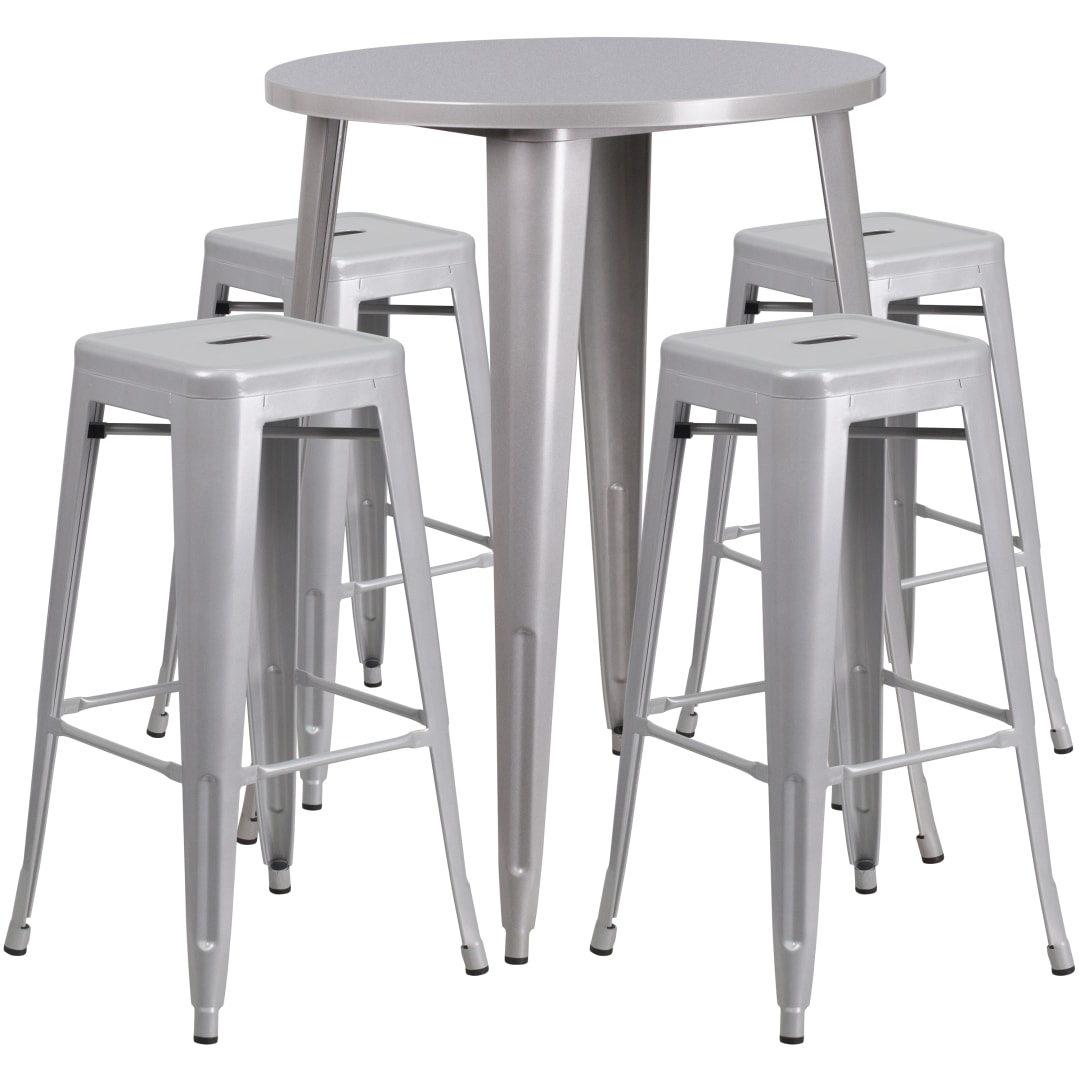 Coby Commercial Grade 30" Round Silver Metal Indoor-Outdoor Bar Table Set with 4 Square Seat Backless Stools