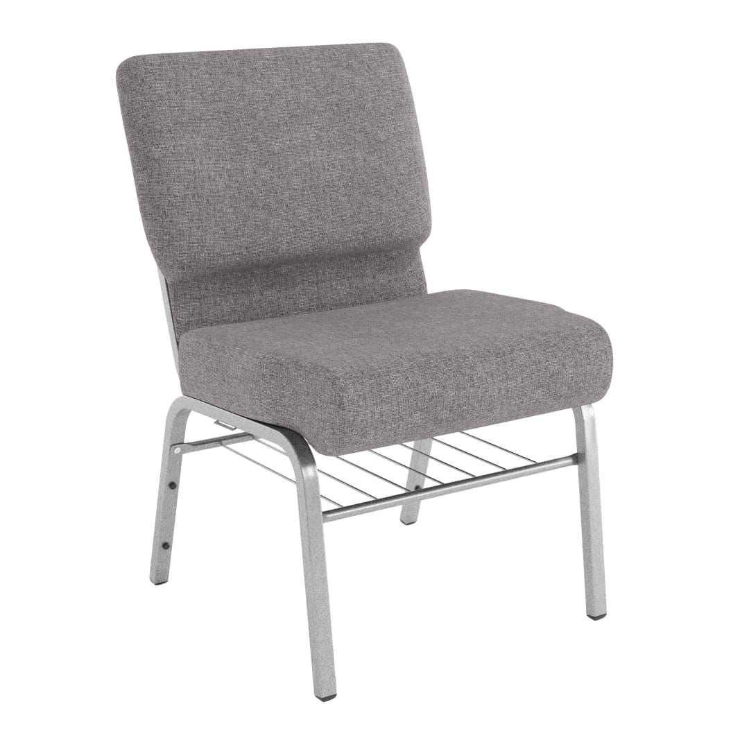 HERCULES Series 21''W Church Chair in Gray Fabric with Book Rack - Silver Vein Frame