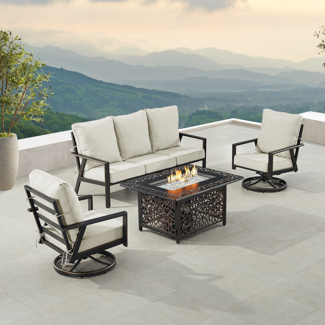 Black Aluminum Patio Fire Table Set with Deep Seating Sofa with Cushion and Two Club Chairs