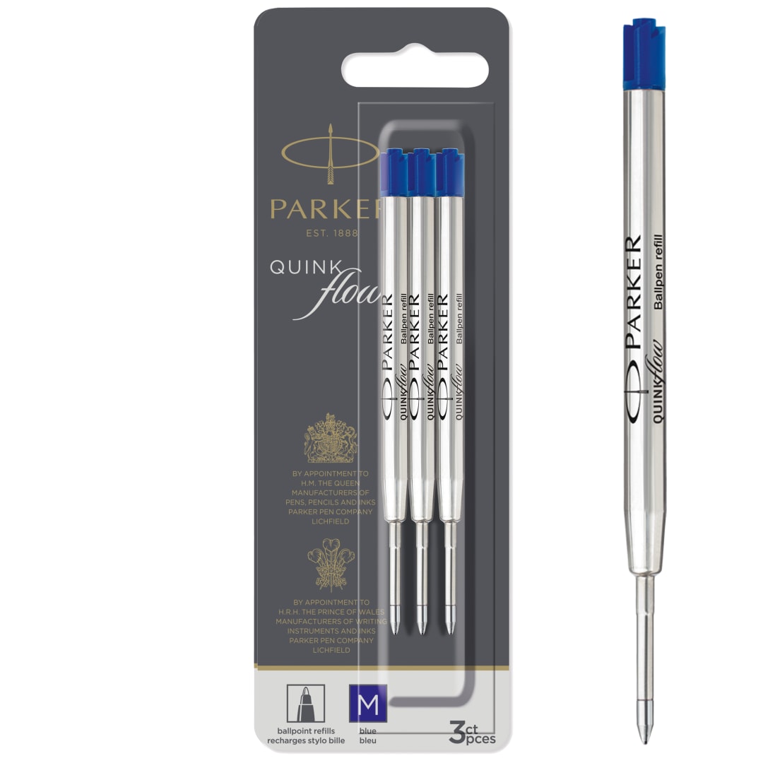Parker Recambios para bolígrafos | Punta mediana | Tinta azul QUINKflow | 3 unidades
