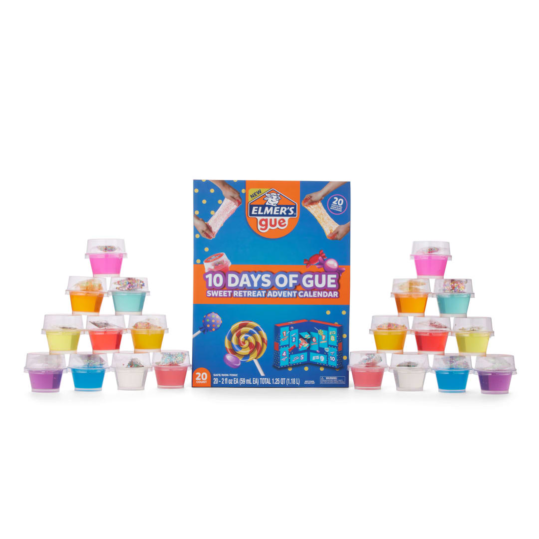 Elmer's 10 Days of Gue Pre-made Slime Variety Pack, Sweet Retreat Countdown Calendar, Includes 20 Jars of Slime and Unique Mix-ins, Assorted