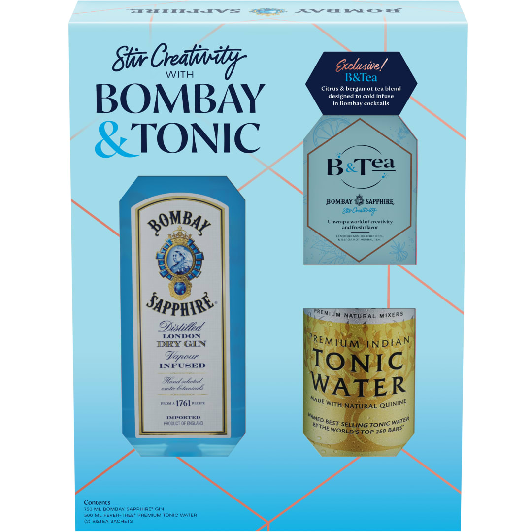 Bombay Sapphire Summer Gift Pack With Bombay Sapphire Gin (750 Ml), Fever Tree Elderflower Tonic (150 Ml), Indian Tonic (150 Ml) And Ginger Beer (150 Ml) 47% 750mL