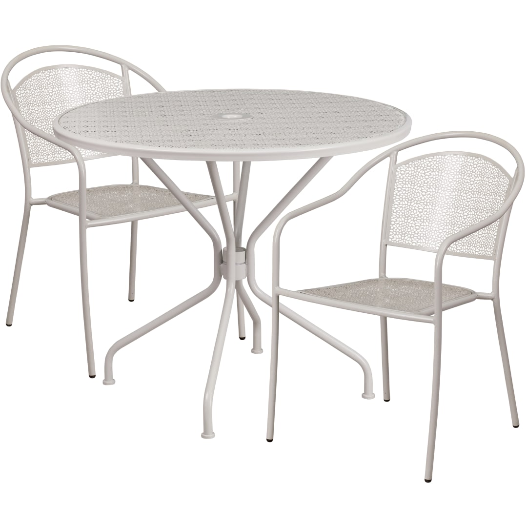 Oia Commercial Grade 35.25" Round Light Gray Indoor-Outdoor Steel Patio Table Set with 2 Round Back Chairs