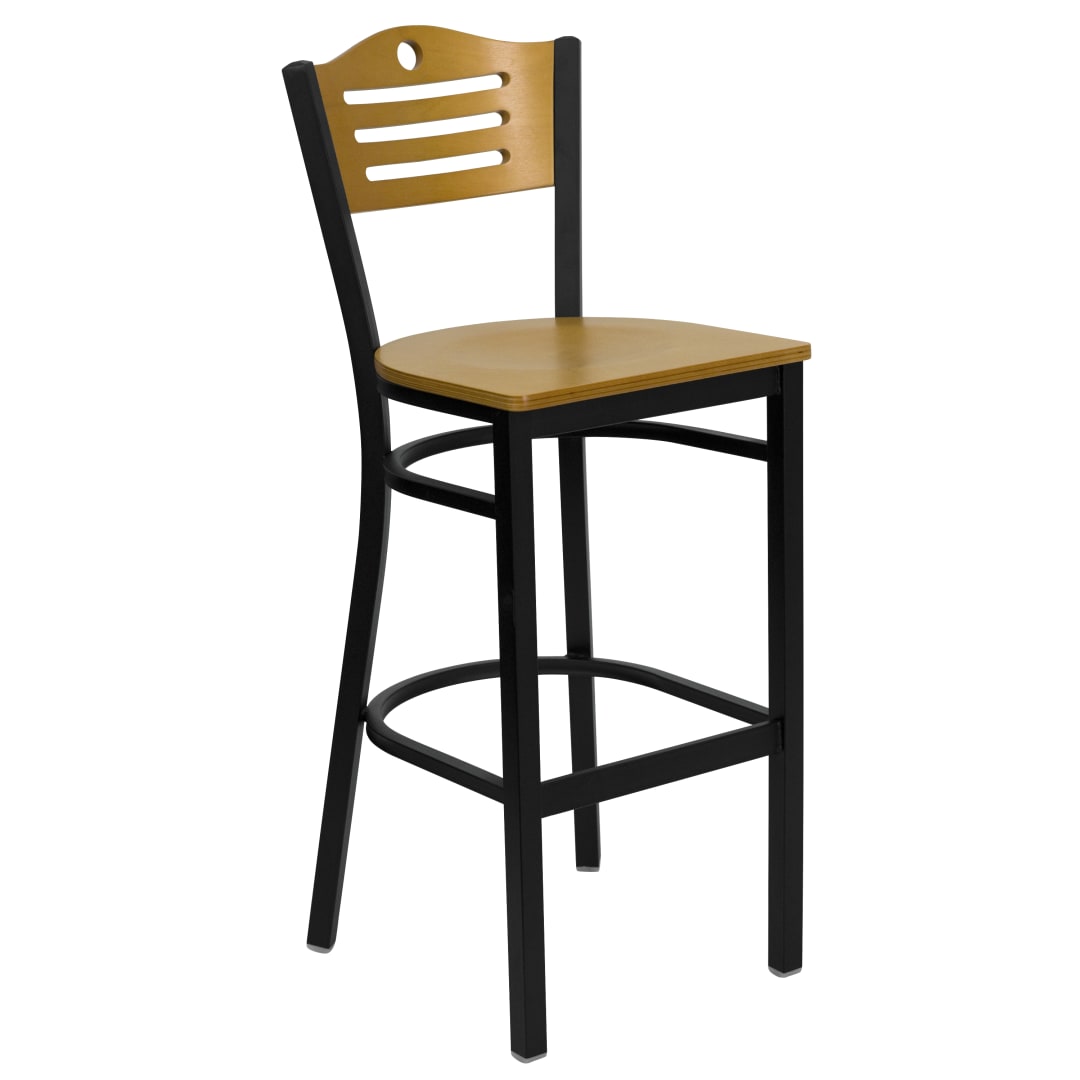 HERCULES Series Black Slat Back Metal Restaurant Barstool - Natural Wood Back &amp; Seat