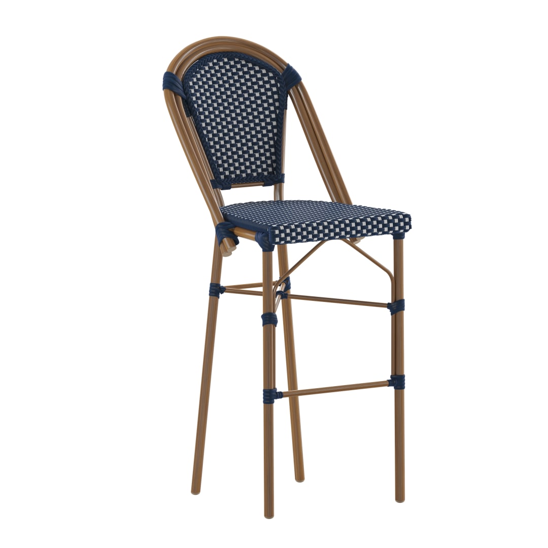 Bordeaux Stackable Indoor/Outdoor Bistro 30" High Barstool, Commercial Grade, Navy/White and Bamboo Finish
