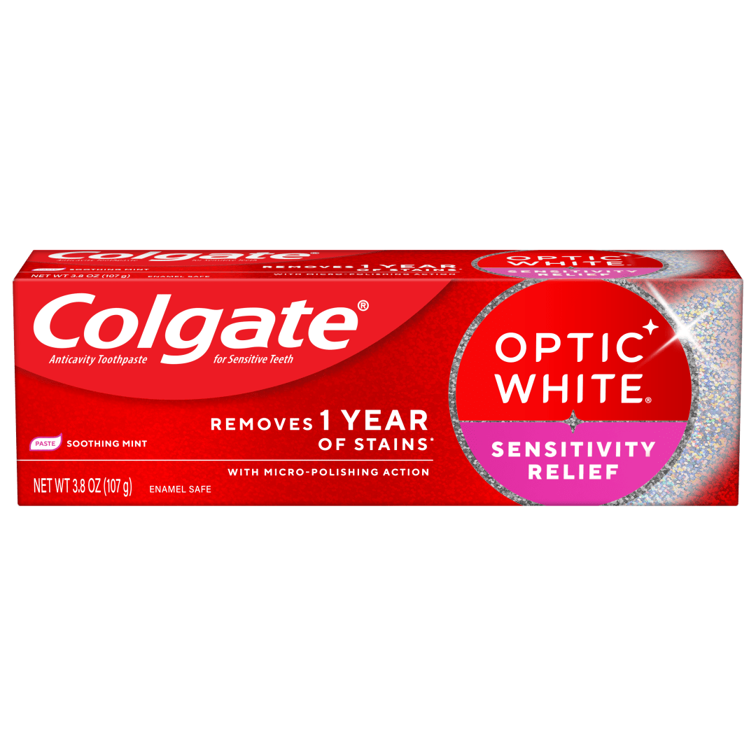 Colgate Optic White Sensitivity Relief Teeth Whitening Toothpaste, Anticavity Toothpaste with Fluoride, Soothing Mint Flavor, 3.8 OZ