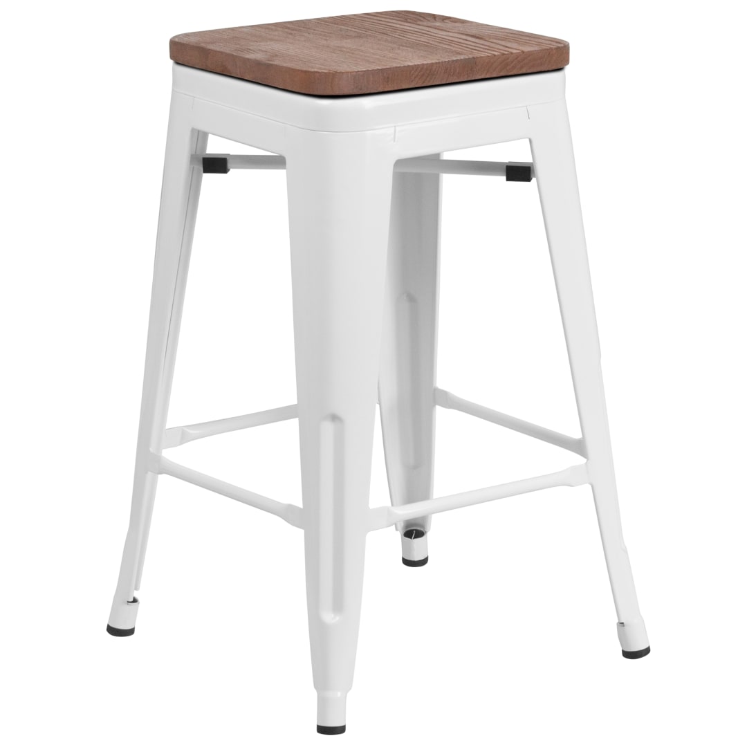 Lily 24" High Backless White Metal Counter Height Stool with Square Wood Seat