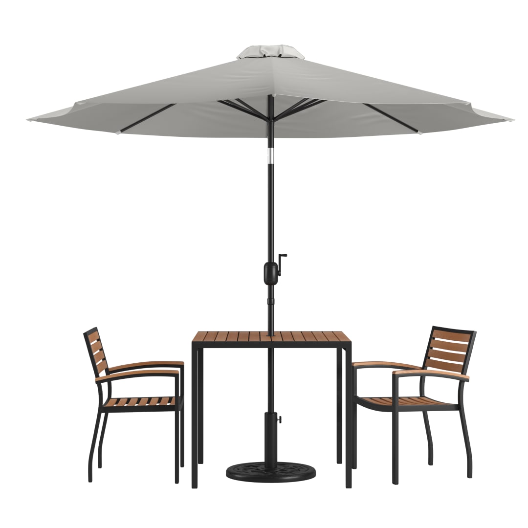 Lark 5 Piece Outdoor Patio Table Set with 2 Synthetic Teak Stackable Chairs, 35" Square Table, Gray Umbrella & Base