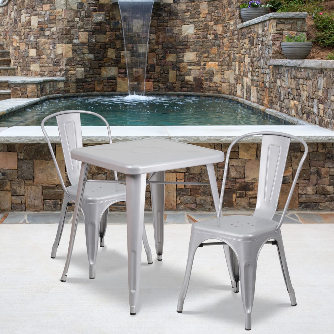 Owen Commercial Grade 23.75" Square Silver Metal Indoor-Outdoor Table Set with 2 Stack Chairs