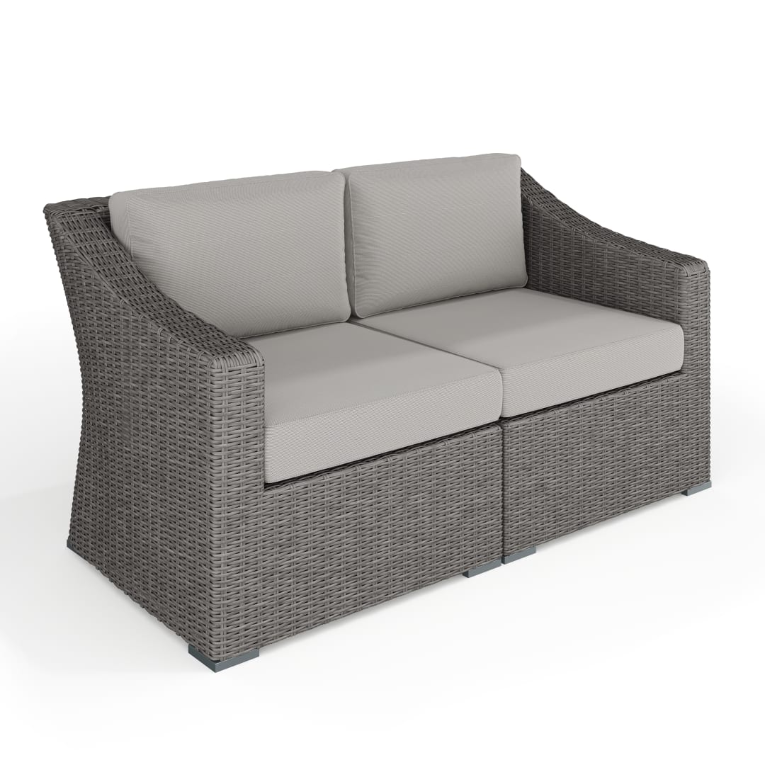 Bedford Indoor-Outdoor Modular Patio Loveseat in Gray Rattan Wicker with Gray All-Weather Cushions