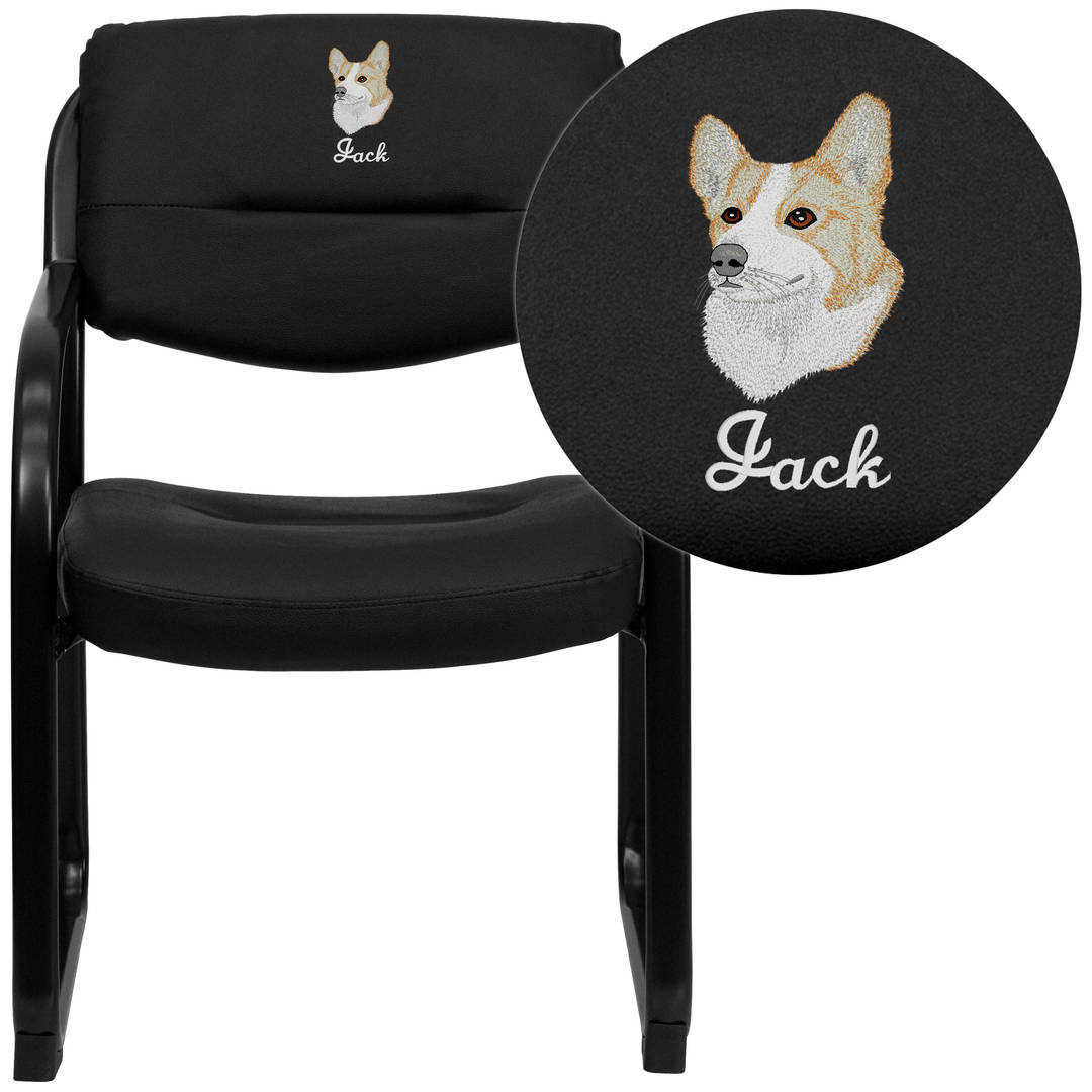 Donny Embroidered Black LeatherSoft Executive Side Reception Chair with Sled Base