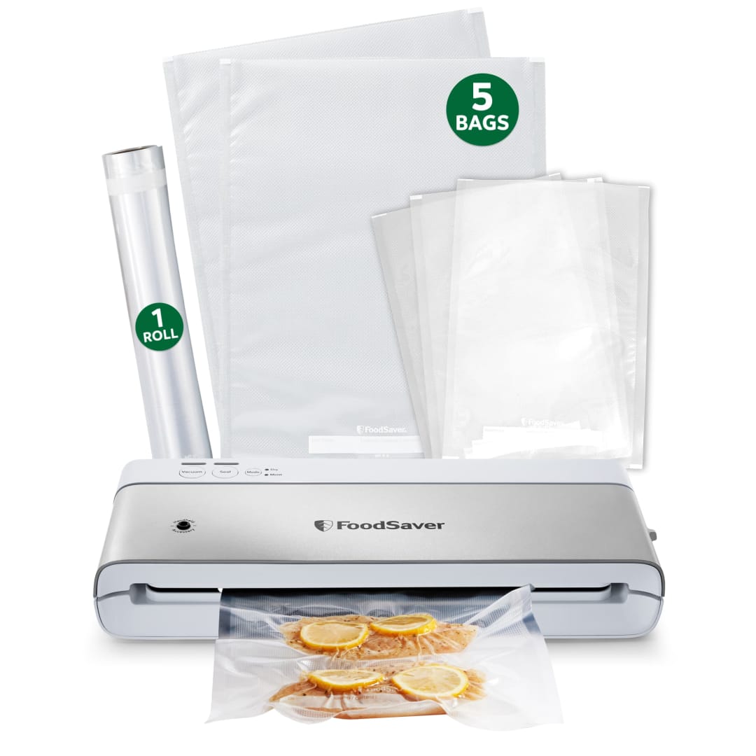 FoodSaver Compact Vacuum Sealer Machine with Airtight Bags and Roll - Ideal for Sous Vide and Airtight Food Storage White