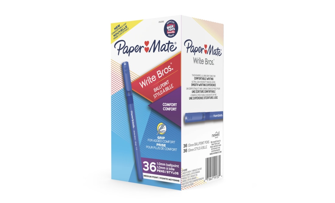 Paper Mate® Ballpoint Pens, Write Bros. Grip Blue Ink Pens, Medium Point (1.0mm), 36 Count