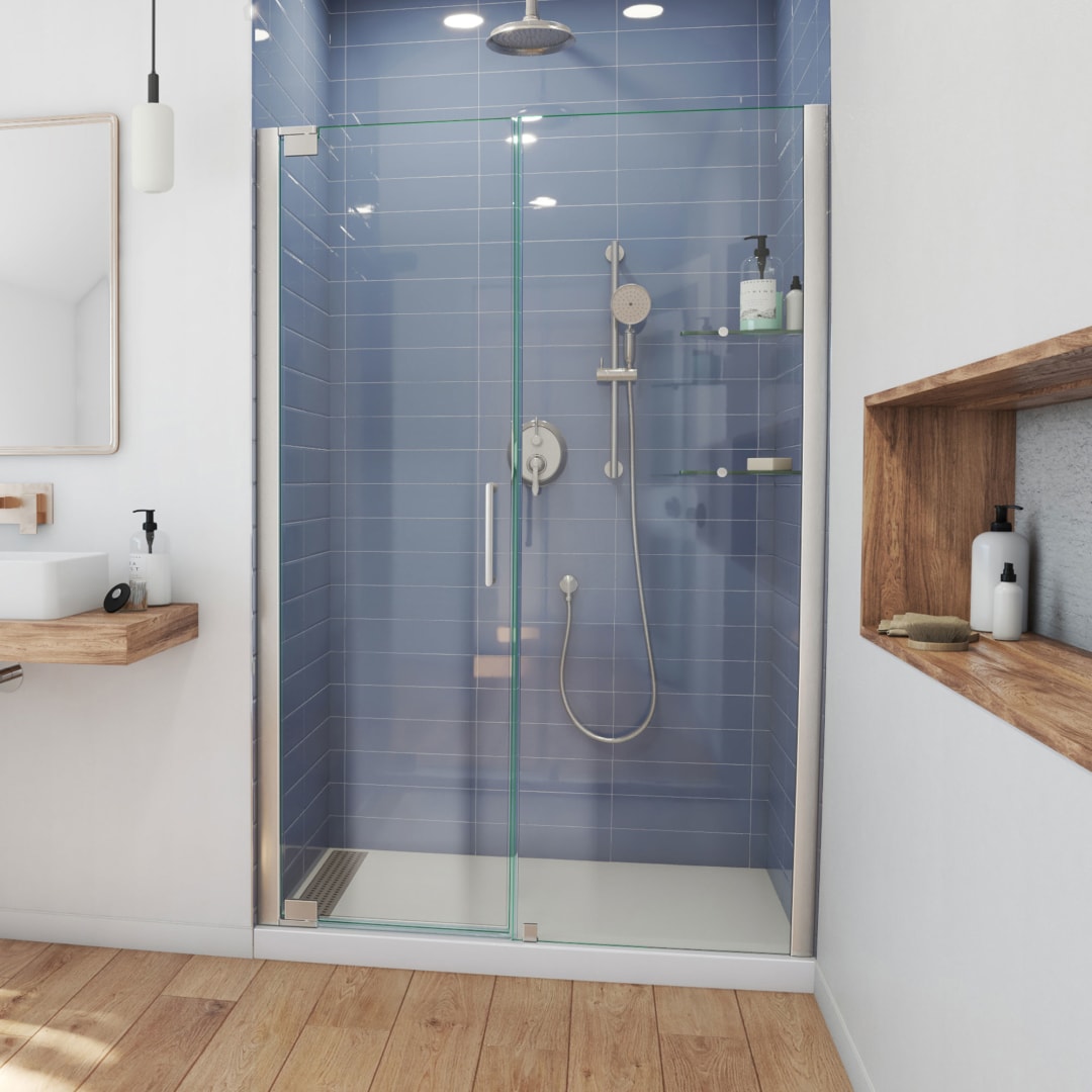 DreamLine Elegance 54 1/2 - 56 1/2 inch W x 72 inch H Frameless Pivot Shower Door in Brushed Nickel