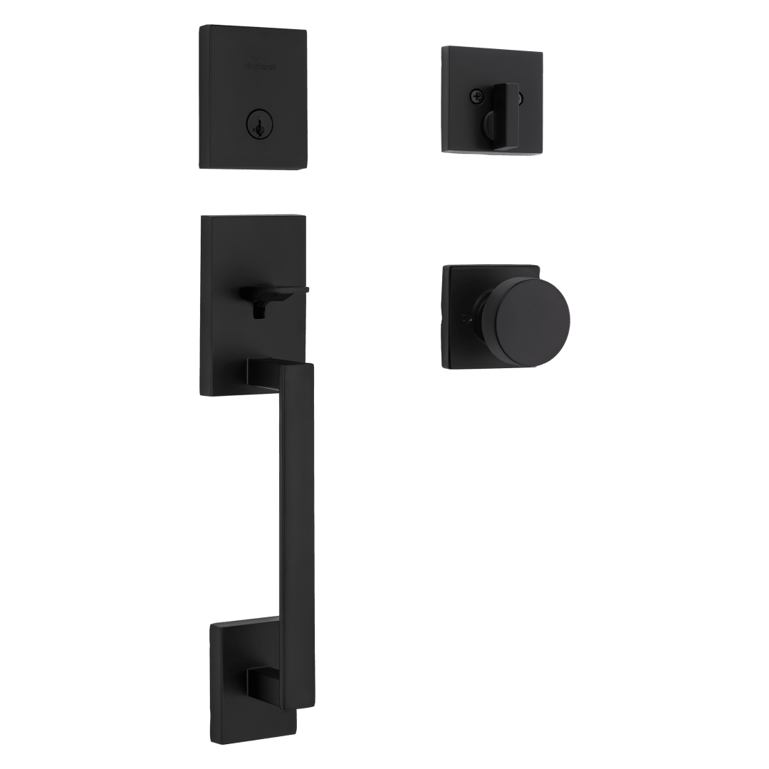 San Clemente Single Cylinder Low Profile Handleset w/ Square Pismo Knob featuring SmartKey Security™ in Matte Black