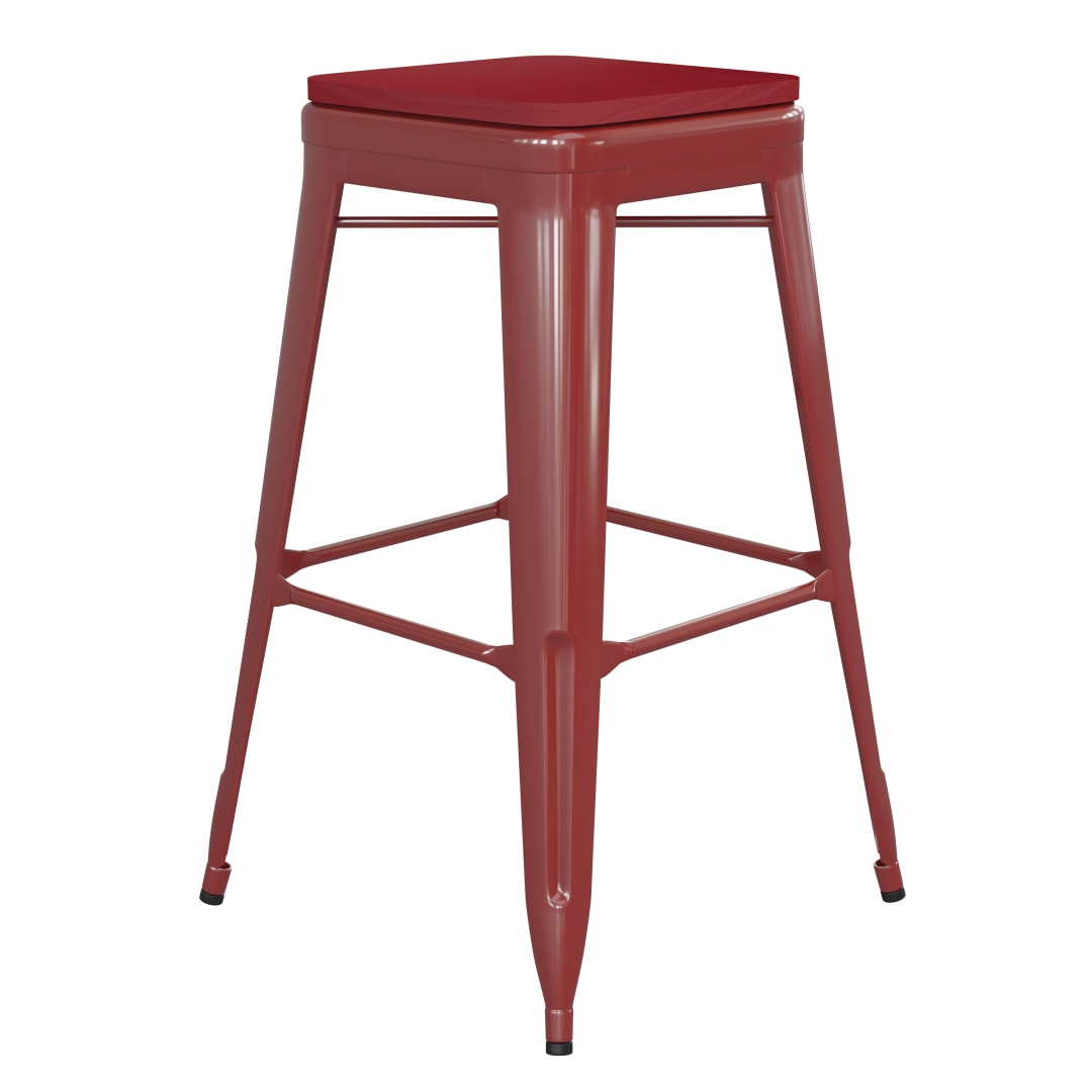 Kai Commercial Grade 30" High Backless Red Metal Indoor-Outdoor Barstool with Red Poly Resin Wood Seat
