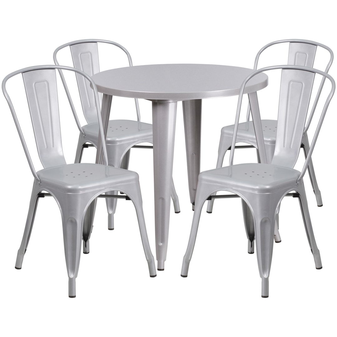 Dalton Commercial Grade 30" Round Silver Metal Indoor-Outdoor Table Set with 4 Cafe Chairs