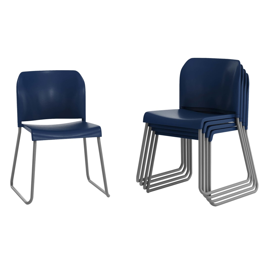 HERCULES Kenai Set of 5 Navy Office Reception Stack Chairs with Contoured Backrests and Gray Sled Bases