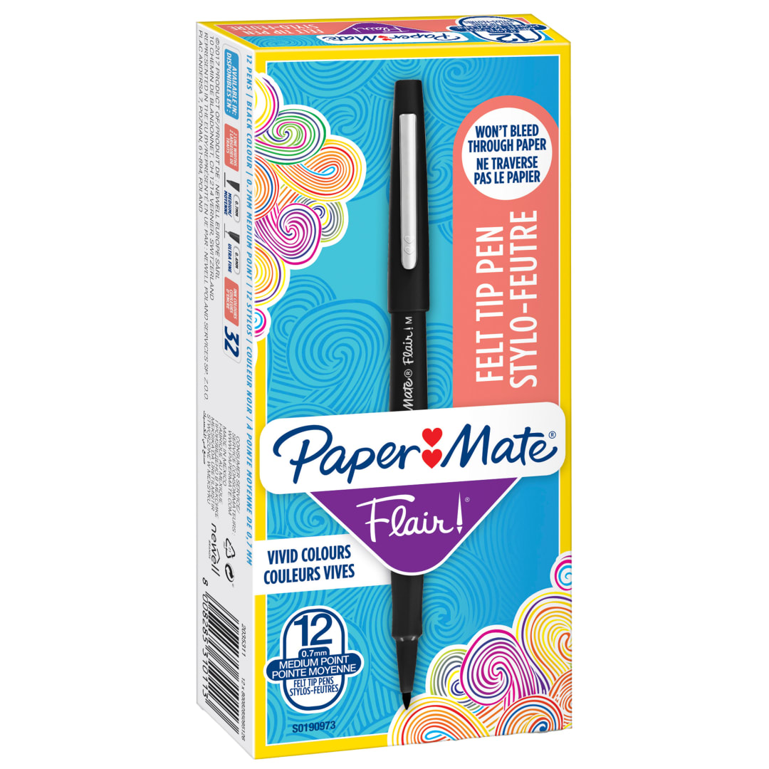 Paper Mate® Flair Felt Tip Pens | Medium Point (0.7mm) | Black | 12 Count