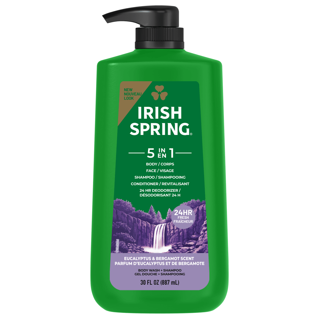 Irish Spring 5 in 1 Moisturizing Body Wash for Men, Shampoo, Conditioner, Body and Face Wash, and 24 Hour Deodorizer, Paraben-Free, Fresh Eucalyptus & Bergamot Scent, 30 fl oz