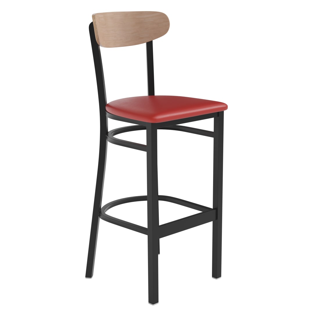 Wright Commercial Barstool with 500 LB. Capacity Black Steel Frame, Natural Birch Finish Wooden Boomerang Back, and Red Vinyl Seat
