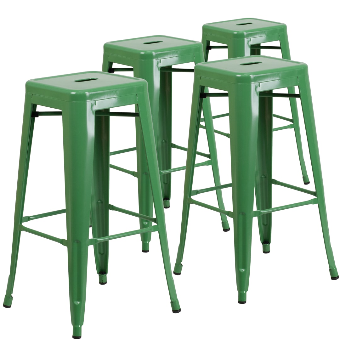 Lily 4 Pack Commercial Grade 30" High Backless Green Metal Indoor-Outdoor Barstool with Square Seat