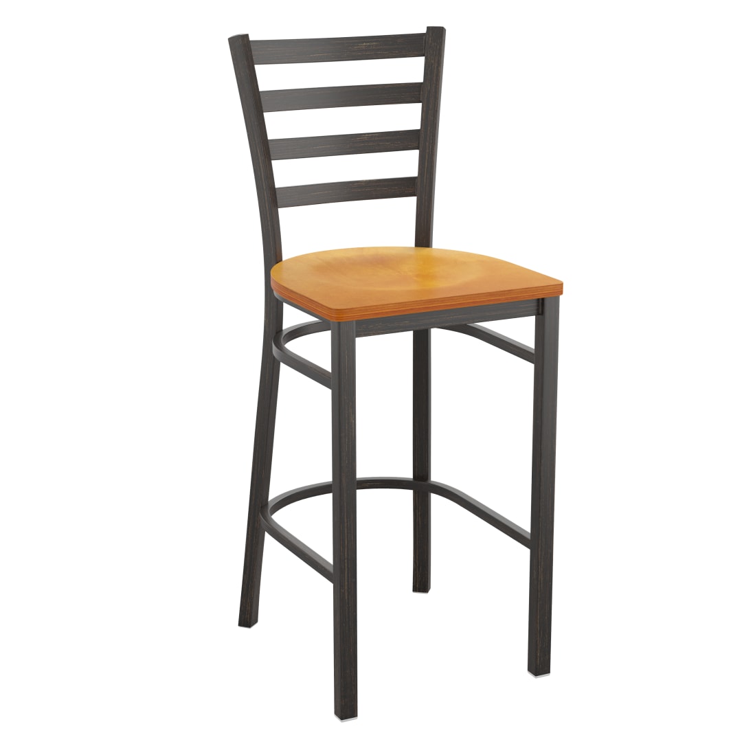 HERCULES Series Distressed Gold Ladder Back Metal Restaurant Barstool - Natural Wood Seat